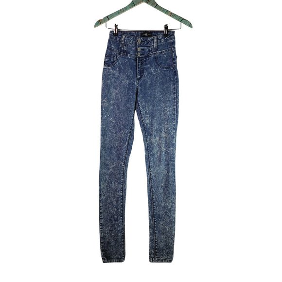 Cello Womens High Waist Acid Wash Skinny Jean w/ 3 Front Button Sz 1 - Picture 2 of 10